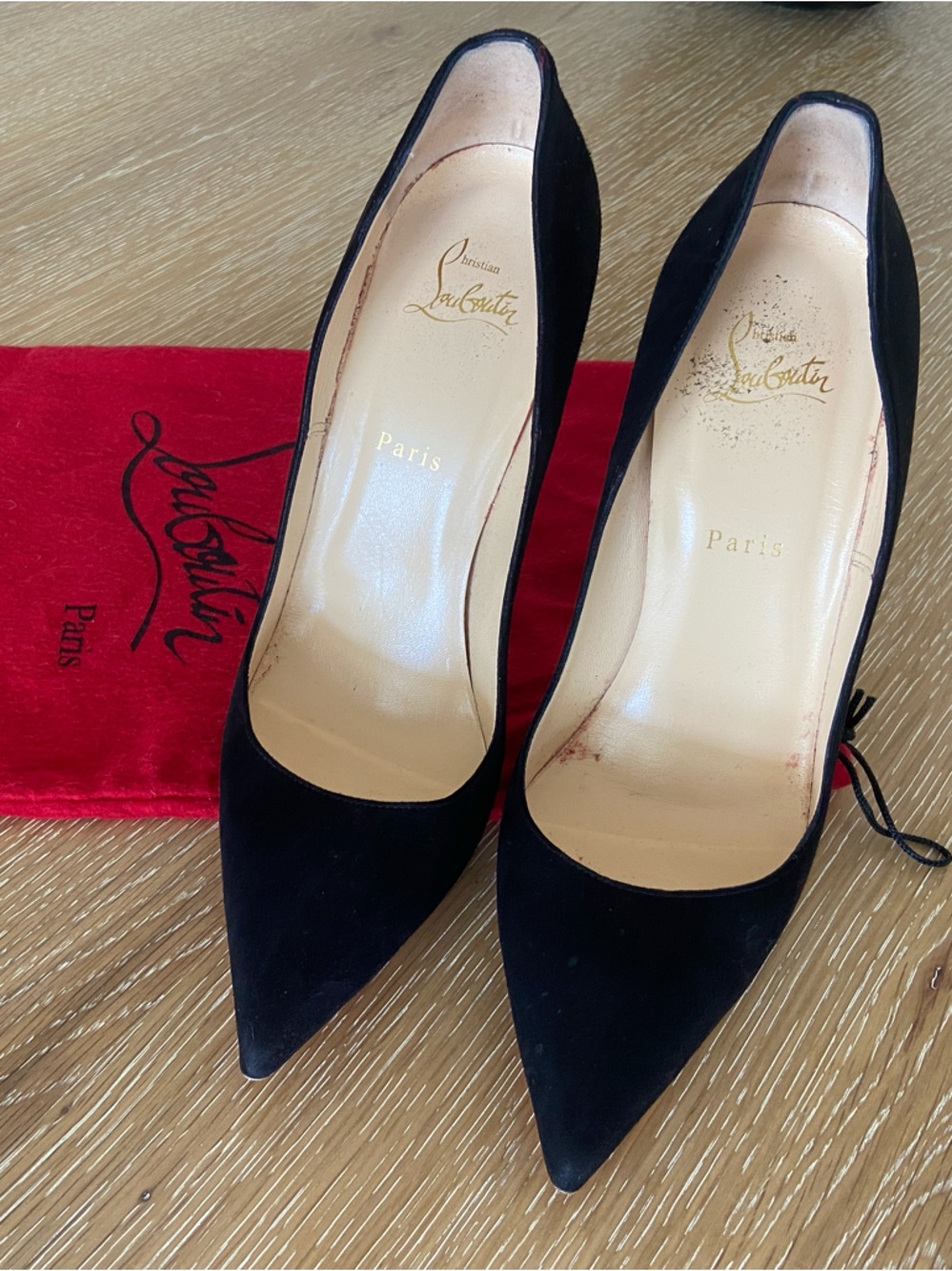 Christian Louboutin Black Suede Pointed Toe Pumps with Signature Red Pouch